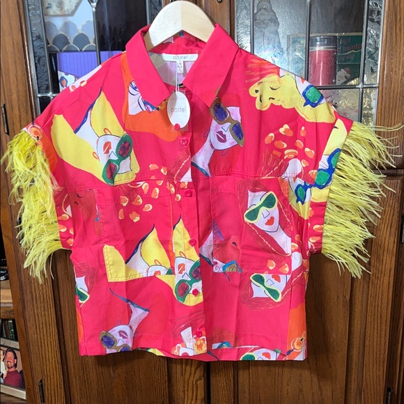 NWT Pastel Colorful Graphic Shirt with Fringe Sleeves Size Medium Set of Two - Picture 2 of 12